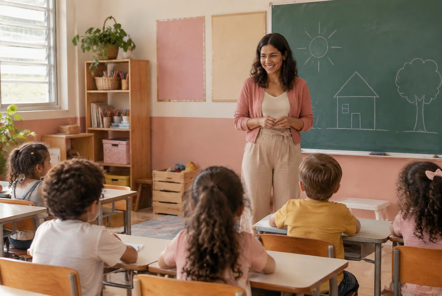 Professora acompanhando atividades de crianças em uma sala de educação infantil